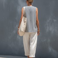 Women's Casual Striped Woven Sleeveless Vest Paired With White Cotton And Linen Trousers Set MDZ2815B5AN