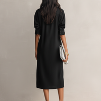 Women's Elegant Black Cotton-linen Blend Shirt Collar Short-sleeved Midi Dress MDZ0455C2AN