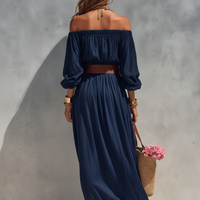 Women's Casual Dark Blue Cotton Linen Strapless Long-sleeved Dress (belt Not Included) MDZ1281C1AN