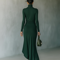 Women's Dark Green High-elastic Knitted High-neck Wrap Dress Midi Dress MDA2023J2T