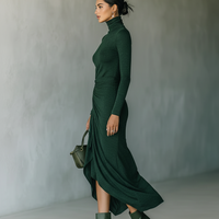 Women's Dark Green High-elastic Knitted High-neck Wrap Dress Midi Dress MDA2023J2T