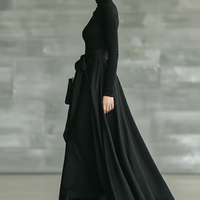 Women's Black High-Neck High-Stretch Knitted And Satin Flared Maxi Dress MDA2851J4T