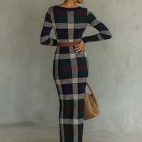 Women's Minimalist Check Knit Belted Square Neck Maxi Dress MDA2984J0Y