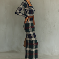 Women's Minimalist Check Knit Belted Square Neck Maxi Dress MDA2984J0Y