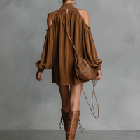 Women's Loose-fitting Faux Suede Halter Neck Semi-high Collar Lantern Sleeve Mini Dress MDA3118J4Y