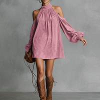 Women's Loose-fitting Faux Suede Halter Neck Semi-high Collar Lantern Sleeve Mini Dress MDA3118J4Y