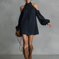 Women's Loose-fitting Faux Suede Halter Neck Semi-high Collar Lantern Sleeve Mini Dress MDA3118J4Y