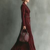 Women's Burgundy Retro Faux Suede Color-Contrast Maxi Dress MDA1321J3T