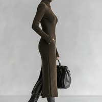 Women's Slim Fit Plush Knitted High Neck Side Slit Midi Dress MDA1401J4Y