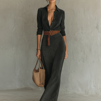 Women's Suede Single-breasted Lapel Belt Maxi Dress MDA1205H8Y