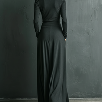Women's Charcoal Elegant Stretch Polyester-Cotton Blend Turtleneck Draped Maxi Dress MDA1727J1I