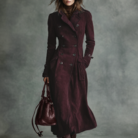 Women's Suede Trim Double-breasted Lapel Long Coat MDA2580H6Y