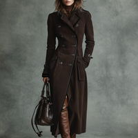 Women's Suede Trim Double-breasted Lapel Long Coat MDA2580H6Y