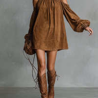 Women's Loose-fitting Faux Suede Halter Neck Semi-high Collar Lantern Sleeve Mini Dress MDA3118J4Y