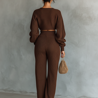 Women's Coffee-colored Short Top And Wide-leg Pants Knitted Set MDA3000G6T
