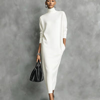 Women's Elegant Black Knitted Turtleneck Long-sleeved Loose-fitting  Midi Dress With No Pockets MDA1974L7AN