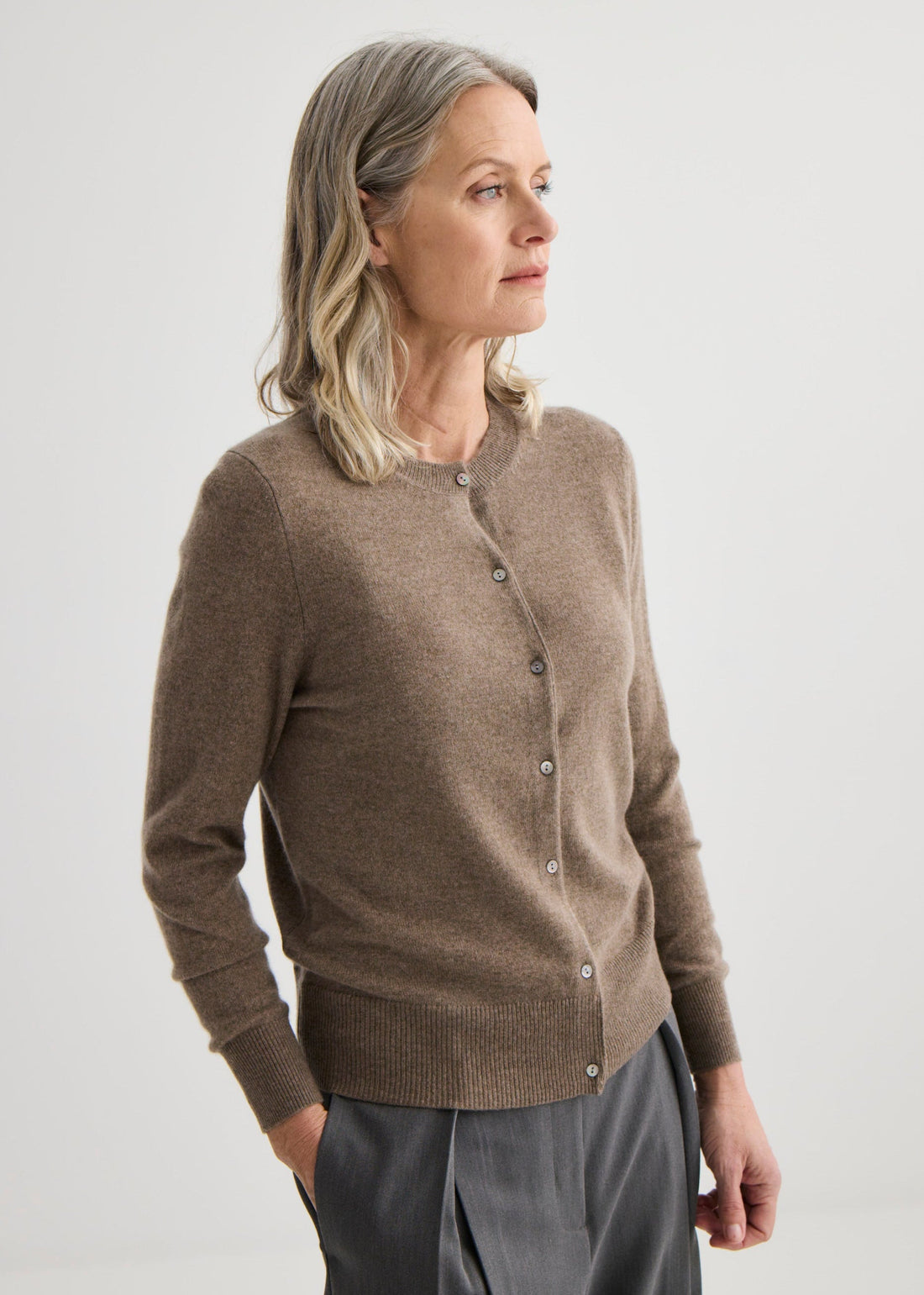 Cashmere Crew Neck Cardigan - Cocoa Marle