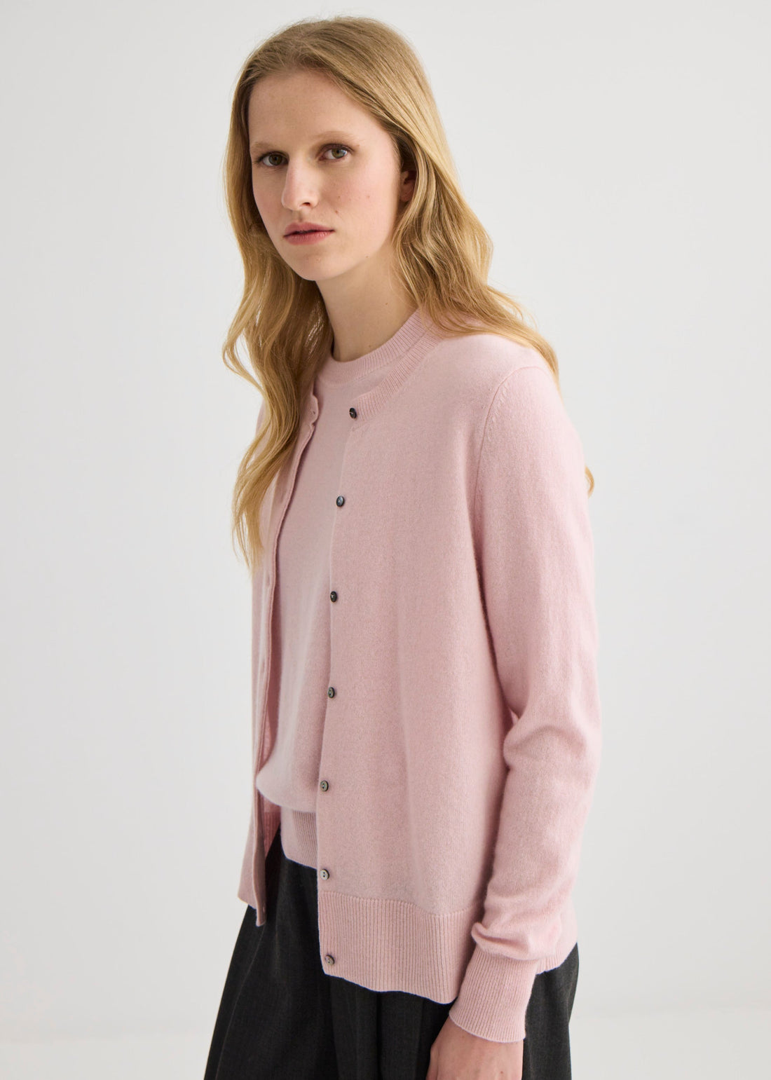 Cashmere Crew Neck Cardigan - Blush Pink