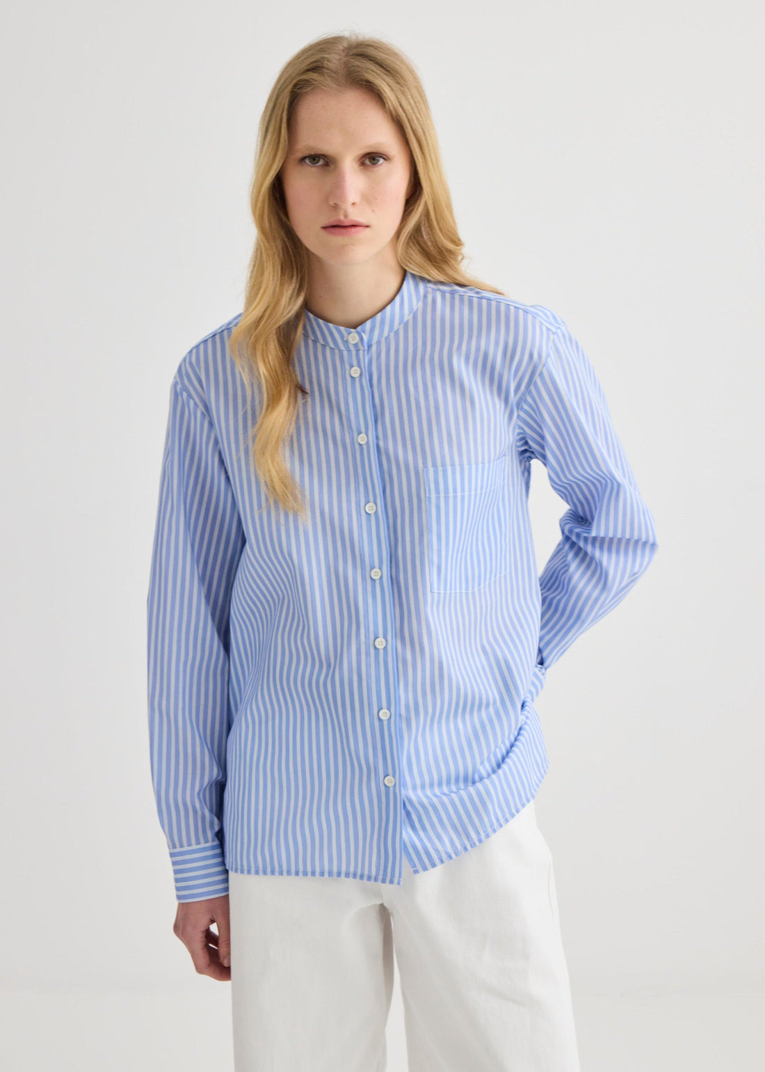 Striped Collarless Shirt - Oxford Blue