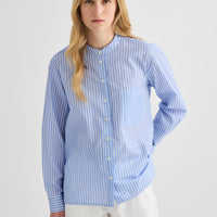 Striped Collarless Shirt - Oxford Blue