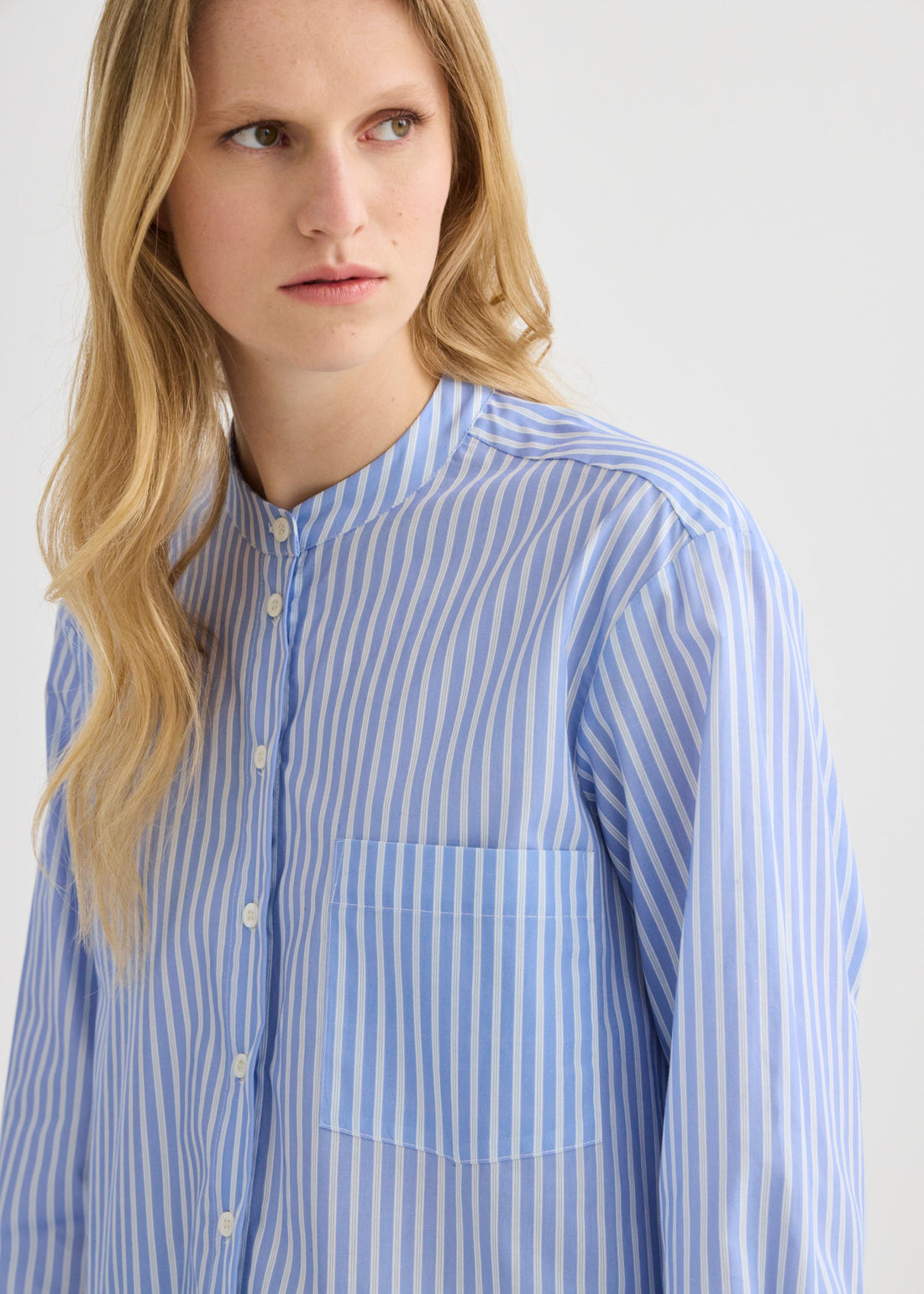 Striped Collarless Shirt - Oxford Blue