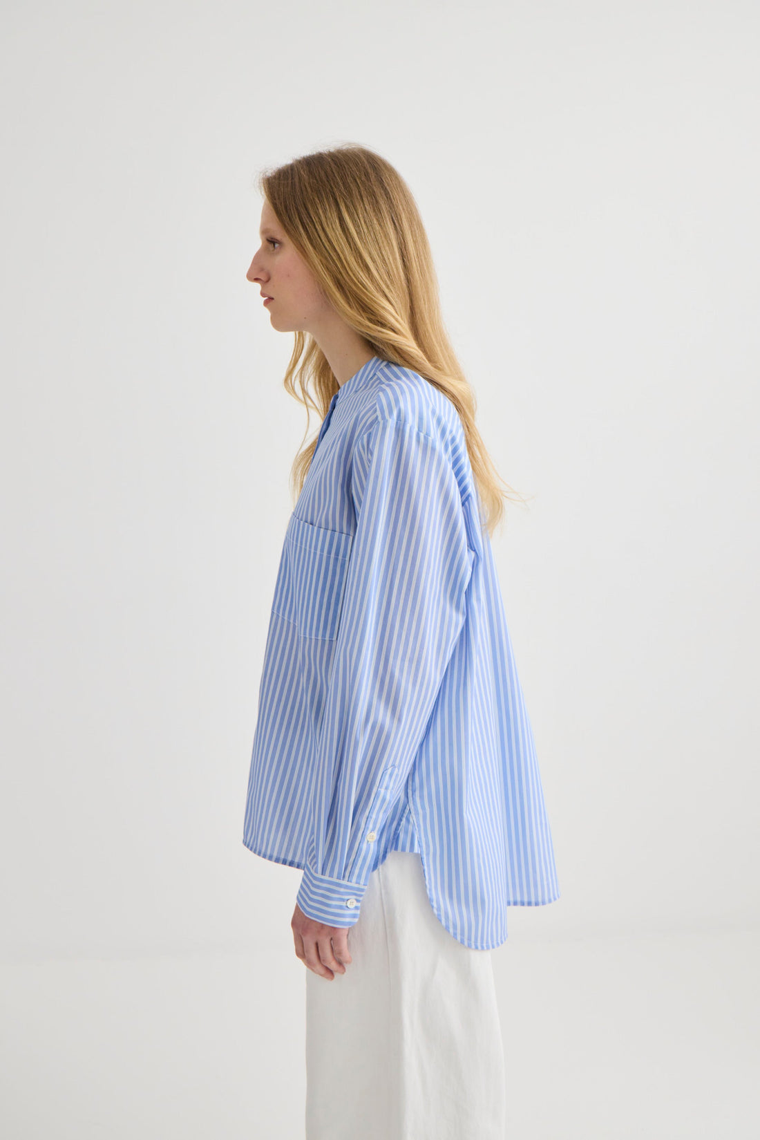 Striped Collarless Shirt - Oxford Blue