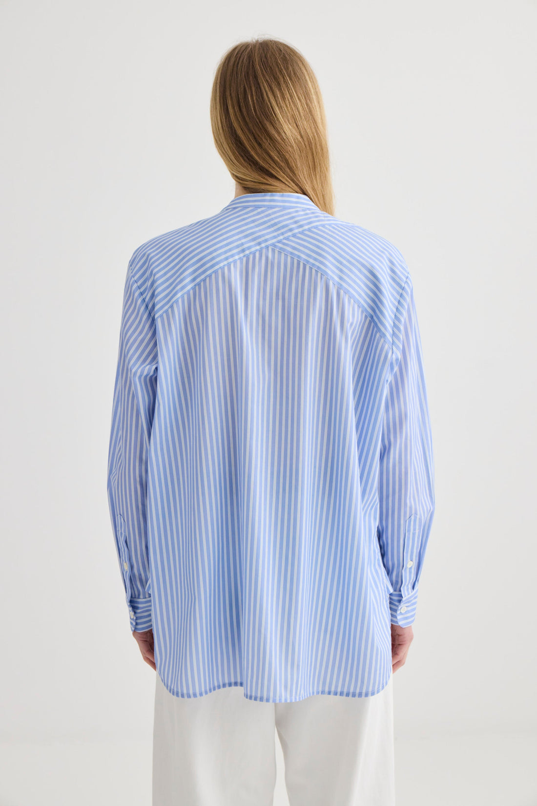 Striped Collarless Shirt - Oxford Blue