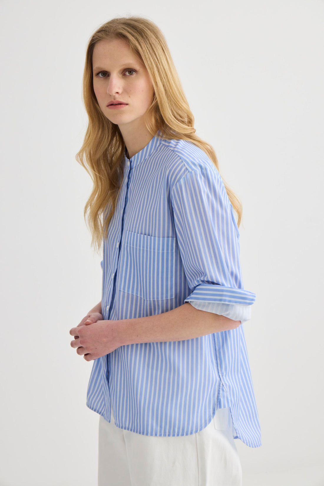 Striped Collarless Shirt - Oxford Blue