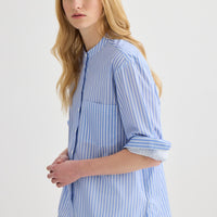 Striped Collarless Shirt - Oxford Blue