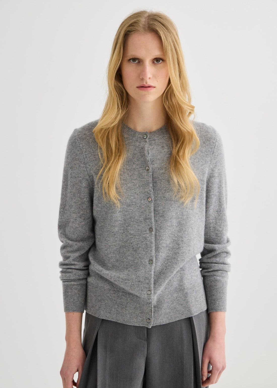 Cashmere Crew Neck Cardigan - Grey Marle