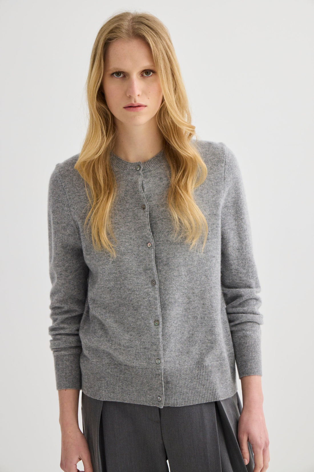 Cashmere Crew Neck Cardigan - Grey Marle