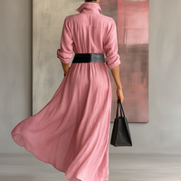 Women's Solid Color Lapel Long Sleeve Single Breasted Belt Maxi Shirt Dress MDA0917G0Y