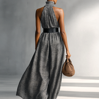 Women's Plaid High Collar Sleeveless Belted Maxi Dress MDA1002G2Y