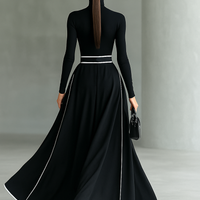 Women's Black Stitching White Trim High Collar Long Sleeve Tight Belt Maxi Dress MDA1031G0Y