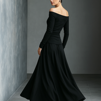 Women's Black Knit Off-Shoulder Fitted Top And Woven Fabric Skirt Set MDA1430K2T