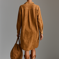 Women's Suede Loose Lapel V-neck Embroidered Long-sleeved Midi Dress MDA1489H9Y