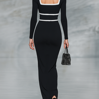 Women's Black And White Trim Square Neck Long Sleeve Tight Maxi Dress MDA1698G8Y