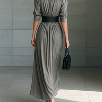 Ladies Lapel Long Sleeve Single Breasted Belt Maxi Dress MDA1758G1Y