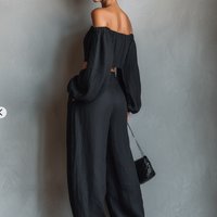Women's Minimalist Linen Blend Strapless Long-sleeved Blouse And Wide-leg Pants Set MDA1900L7Y