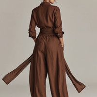 Women's Elegant Brown Woven Cotton-linen Long-sleeved Shirt Collar Jumpsuit With Belt MDA1965L9AN