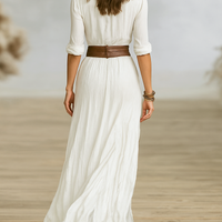 Women's Imitation Cotton And Linen Pleated Lapel Single-breasted Long-sleeved Maxi Dress MDA1968G0Y