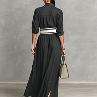 Women's Imitation Cupro Fabric Lapel Single-breasted Long-sleeved Waist Maxi Dress MDA2258G6Y