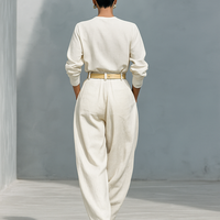 Women's Fashion Cotton And Linen Blend Crew Neck Long Sleeve Shirt Loose Trousers Set (belt Not Included)MDA2555G6Y