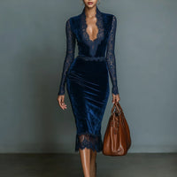 Women's Fashionable And Elegant Dark Blue Velvet Slim-fit V-neck Midi Dress With Lace Trim At The Neckline And Sleeves MDA2937K1AN