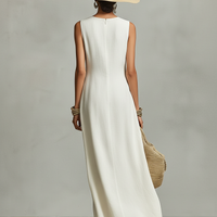 Women's Ivory Breathable Linen Dress With Sleeveless Detail & Asymmetric Hem, Contemporary Casual-Feminine Style Dress MDZ0408C2I