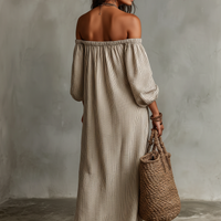 Women's Vacation Cotton-linen Blend Off-shoulder Long-sleeved Maxi Dress MDZ0481B5Y