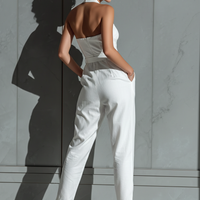 Women's Ivory Cotton And Linen Blend Wide-Leg Jumpsuit With Cinched Waist MDZ0674B7T
