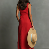 Women's Minimalist Linen-Blend Collared Single-Breasted Sleeveless Maxi Shirt Dress MDZ1011C0Y