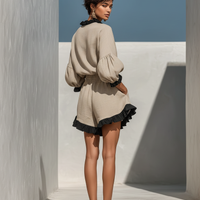 Women’s Beige Linen-Blend Contrast Ruffle Trim Long Sleeve Blouse & High-Waisted Ruffle Hem Shorts Two-Piece Set MDZ1018D0T