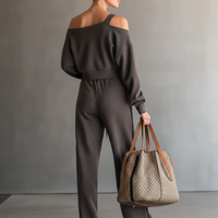 Women's Fashion Off-Shoulder Long-Sleeve Cropped Sweatshirt And Sweatpants Set MDZ1145D5Y